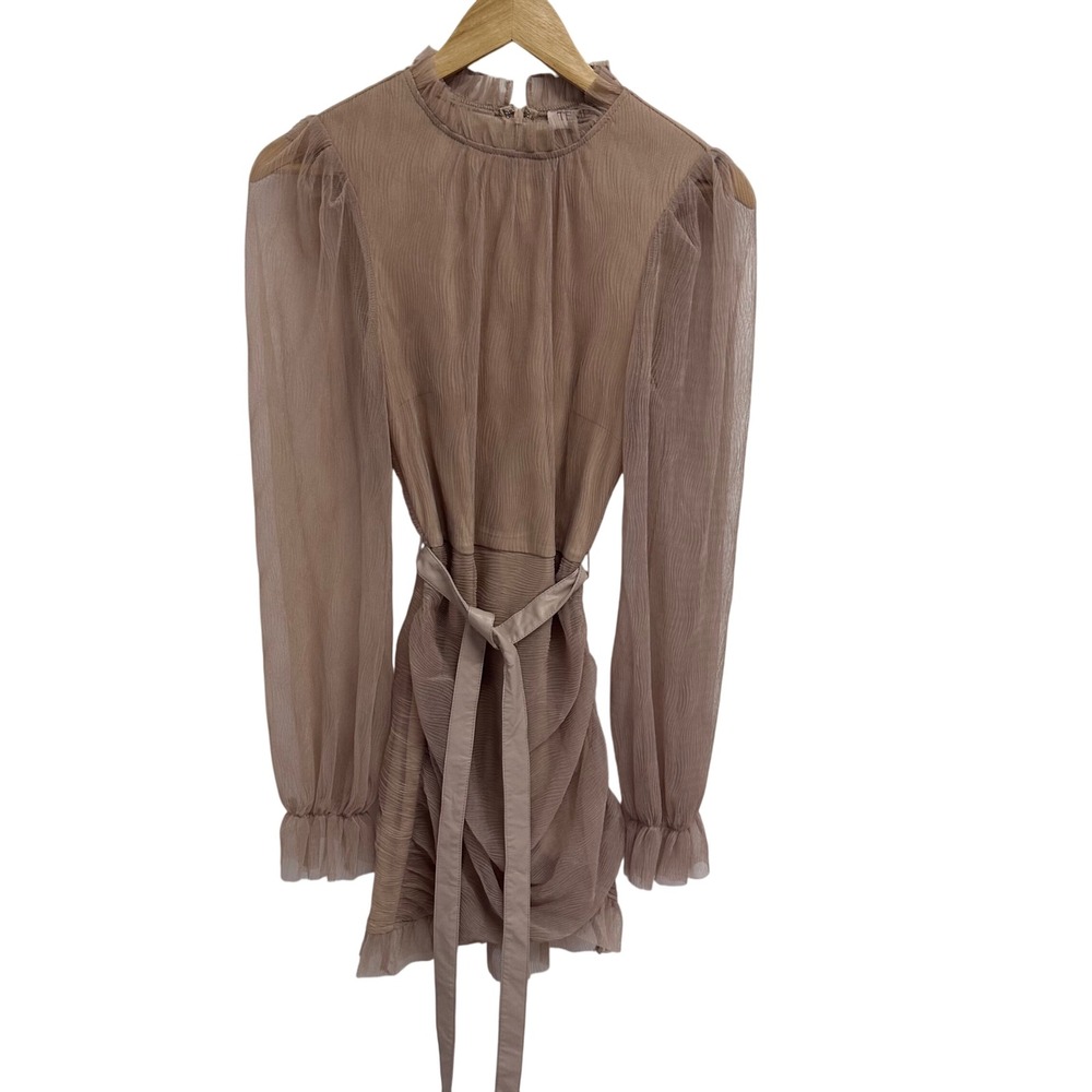 TEMPT the label Ruched Mesh Mock Neck Long Sleeve Belted Dress Beige M sheer